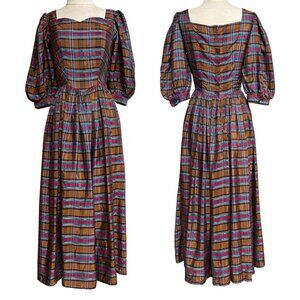 70s vintage plaid puff sleeve dress cottage victorian sweetheart Maxi acetate.